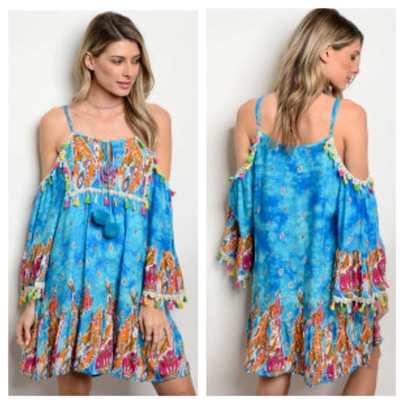 Boutique Dresses & Skirts - Chase Away The Blues- Boho Cold Shoulder Dress